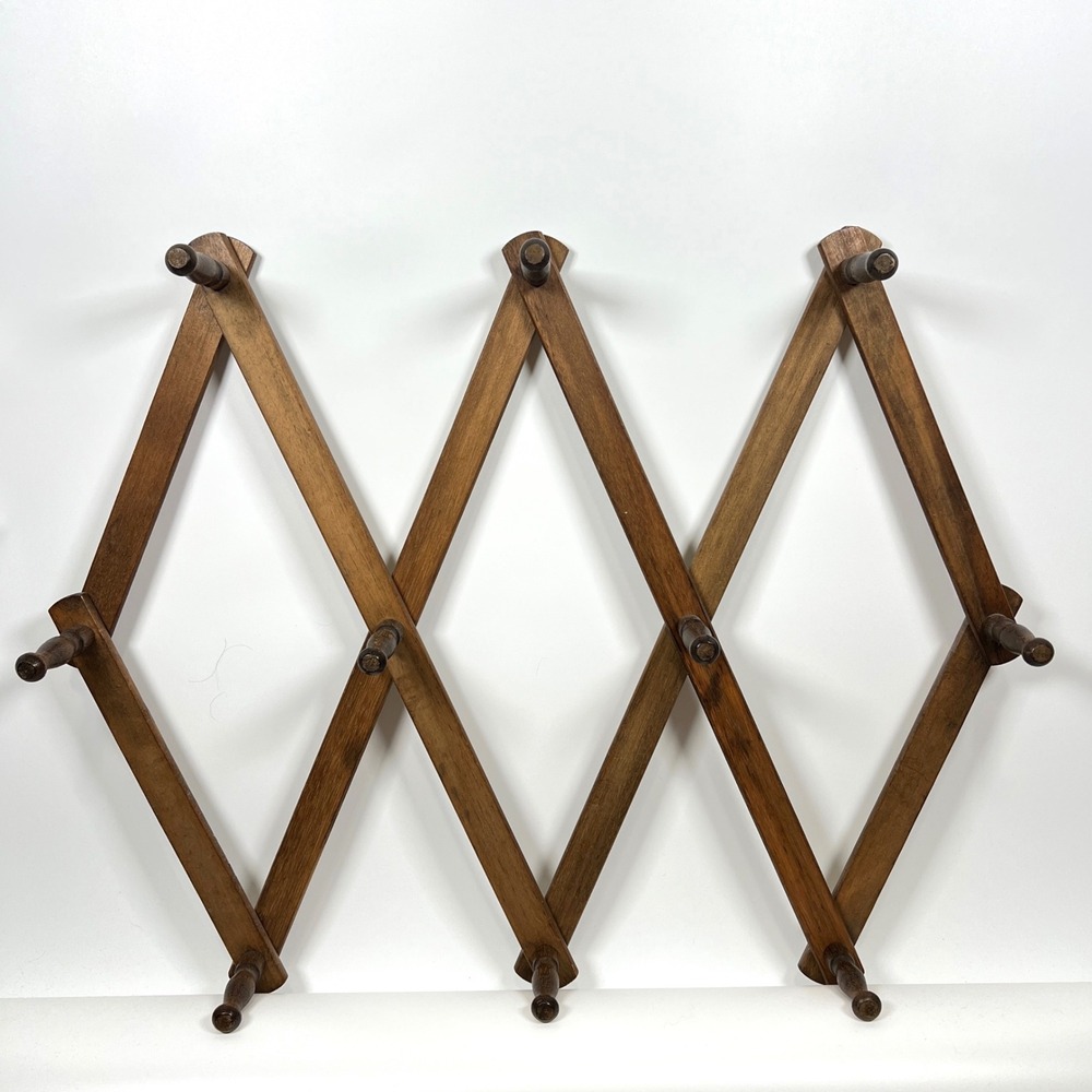 Nevco Vintage Wooden Accordion Wall Rack 10 Peg Expandable Hat Coat Mug Hanger